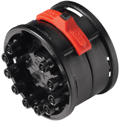 TTD1001 - Zehnfachverbinder komplett, Acetal mit 1,6 mm Einsätzen mit Absperrung