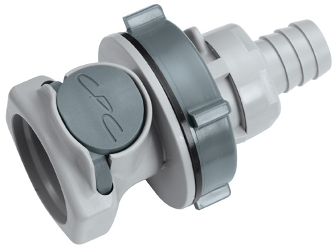 60300 - Kupplung PP Schott mit Schlauchtülle 12,7 mm mit Absperrung, NSF (HFCD16812 NSF)